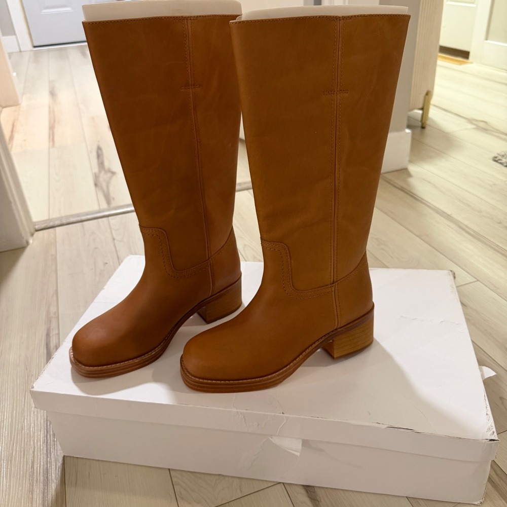 Quince Italian Leather Block Heel Boot Chestnut Brown Square Toe LB92110 Size 7